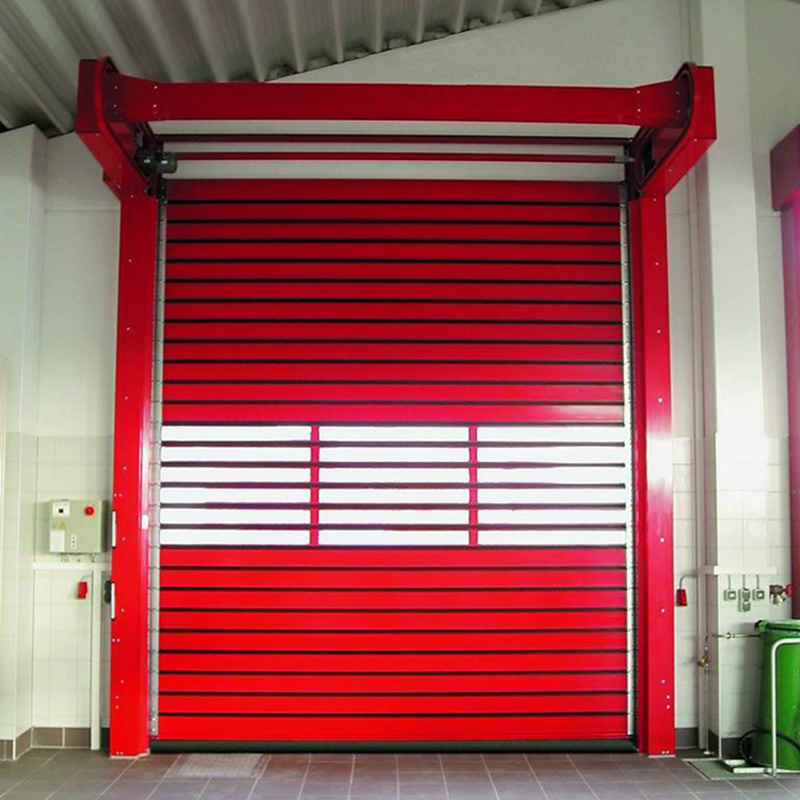 Red, high-speed, rigid, safety roller shutter door with a transparent viewing window