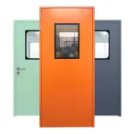 Orange, green, and gray steel cleanroom doors with tempered glass windows