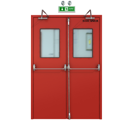 Red Single Stainless Steel Fire Door with Viewing Window