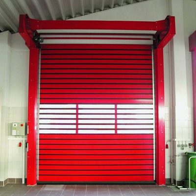 Red, high-speed, rigid, safety roller shutter door with a transparent viewing window